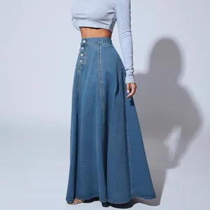 High-waist blue denim A-line maxi skirt with side button detail for western fashion
