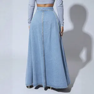 Casual high-waisted denim A-line maxi skirt with long back seam detail