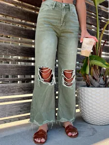 Washed olive green straight leg ripped jeans for women with distressed knee details