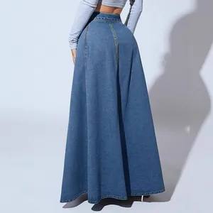 Elegant high-waisted denim A-line maxi skirt with contrast stitching for women