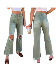 Detailed view of women's olive green ripped straight-leg jeans with raw hem and high waist