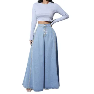 Elegant high waisted denim A-line maxi skirt with vintage single-breasted buttons