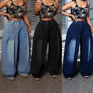 Plus Size Vintage Washed Pleated Wide Leg Jeans Women High Waist Elastic Lantern Denim Pants Retro Casual Streetwear Bottom