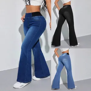 Women Elastic Waist Flare Jeans High Stretchy Denim Bell Bottom Pants Casual Washed Slim Fit Jeans For Women Office
