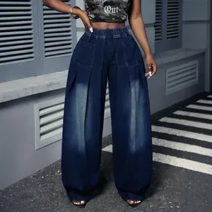 Retro high-waisted pleated wide-leg lantern denim pants in dark blue wash for women