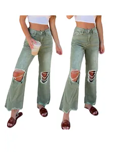 High-waisted sage green ripped straight jeans for women with distressed knee details