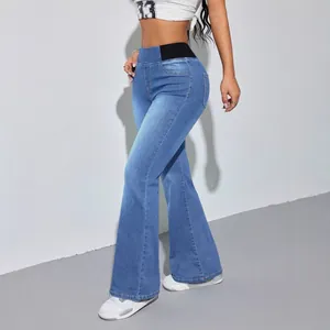 Women's high waist stretch flare jeans with elastic black waistband in blue denim.