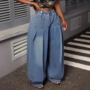 Stylish high-waisted retro washed blue pleated wide-leg balloon jeans for plus size women