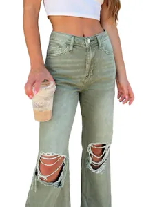 Trendy women's light green ripped knee straight leg jeans with stylish distressed details.