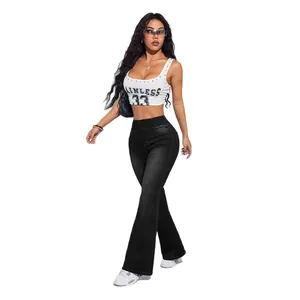 High waist elastic black stretch flared denim jeans for women with stylish slim fit design