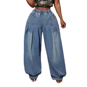 Plus size vintage washed blue pleated wide-leg harem jeans with high elastic waist