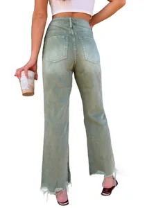 Back view of women's high waisted olive green straight leg jeans with raw hems