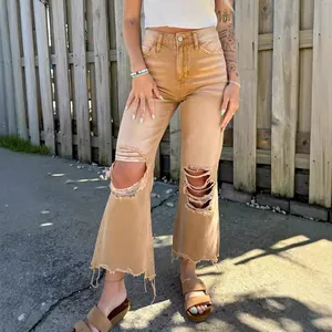 Stylish women's vintage khaki high-waisted ripped straight-leg jeans with frayed hem