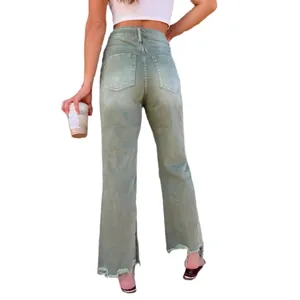 Women's distressed straight-leg jeans in olive green wash with frayed hem