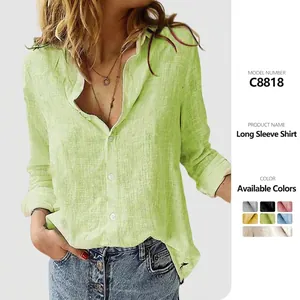 Detail view of a green long-sleeved casual linen shirt for women with color options