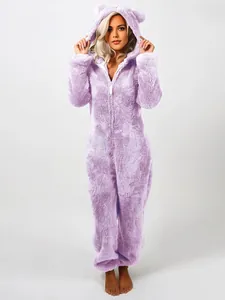 Combinaison pyjama à capuche en polaire violette avec oreilles d'ours pour femme hiver