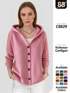 Women Casual Hooded Knit Cardigan Loose Solid Color Button Down Sweater Jacket Long Sleeve Outerwear Top
