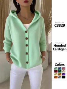 Mint green hooded knitted cardigan for women with buttons and solid color finish.