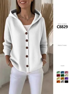 Casual solid white hooded knit sweater cardigan for women with classic brown buttons