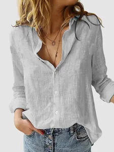 Women Casual Linen Blend Long Sleeve Button Up Shirt Elegant Solid Color Loose Fit Lapel Collar Office Commuting Tops
