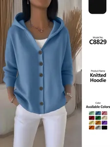 Women's minimalist solid color hooded knit sweater cardigan with button front closure