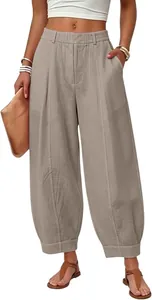 Detailed close-up view of women's high-waisted linen-blend harem pants in a neutral taupe shade
