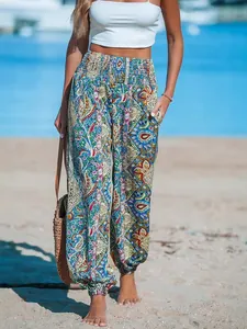 Bohemian στυλ εμπριμέ casual παντελόνι με ψηλή μέση και σφηκοφωλιά για το καλοκαίρι