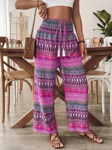 Pantaloni bohémien stampati a vita alta con fascia elastica e coulisse regolabile