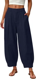 Womens casual navy blue high-waisted loose cropped harem pants with pockets and pleats