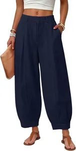 Detailed close-up view of navy blue high-waisted harem pants for women with pockets