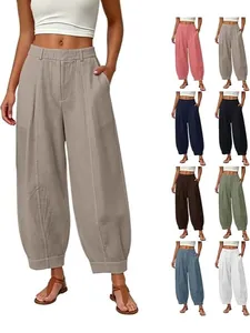Women's Cotton Linen Harem Pants High Waist Loose Fit Cropped Tapered Trousers Casual Solid Color Slimming Bottoms