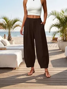 High-waisted loose dark brown solid color cropped harem pants for women in beach resort