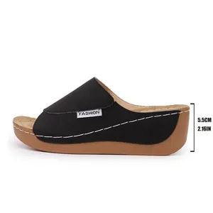 Schwarze Keilabsatz-Pantolette mit 5,5 cm Plateau und weißen Ziernähten im Detail.