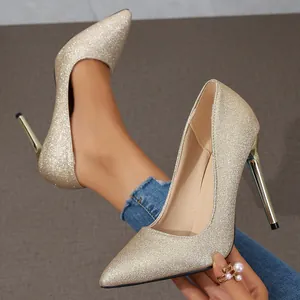 Close-up of elegant champagne gold glitter pointed toe stiletto pumps for women