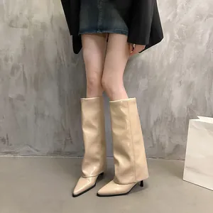 Detailed view of elegant beige pointed-toe wide-shaft pants boots worn by model