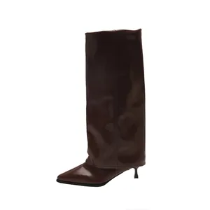 Elegant dark brown pointed toe fold-over pant boots with comfortable kitten heel style