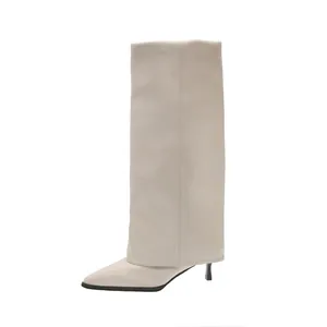 Elegant beige pointed-toe kitten heel boots with mid-calf fold-over design