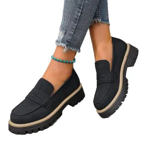 Black matte chunky platform loafers for women in British style with thick tread sole
