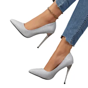 Elegant women's sparkly silver sequin pointed toe stiletto high heels pumps shoes
