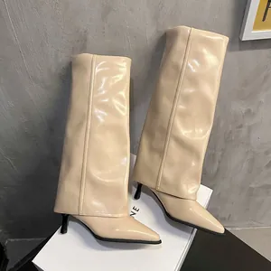 Elegant beige pointed-toe fold-over gaiter boots with slim stiletto heel for winter fashion