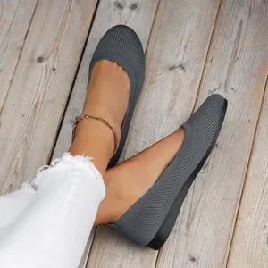 Comfortable grey knitted round toe ballet flats for women with breathable mesh fabric
