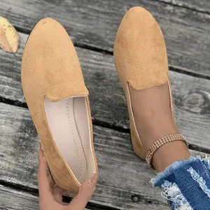 Casual women's tan suede flat loafers with round toe for spring and autumn fashion