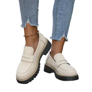 Autumn British style cream platform loafers with matte finish and chunky black sole