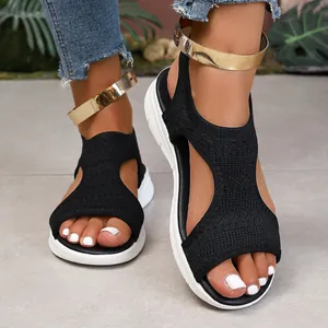 Sandali alla Romana in Maglia da Donna Scarpe con Zeppa Punta Aperta Con Anello alla Caviglia in Metallo Dorato Calzature Estive Traspiranti