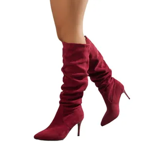 Elegant burgundy slouchy mid-calf boots with pointed toe and stiletto heels for women