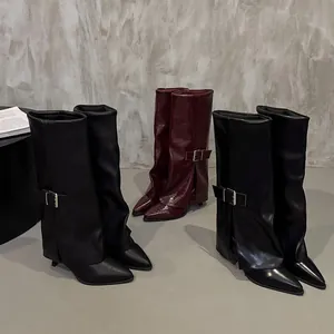 Pointed-toe high-heeled boots with buckle detail and fold-over design in multiple colors