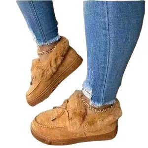 Brown winter warm platform loafers with faux fur lining and gold chain decoration