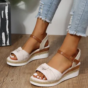 Eleganti sandali con zeppa da donna con fiocco e suola platform in stile espadrillas