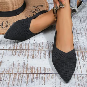Elegantes bailarinas negras de punta fina tejidas para mujer con diseño de malla transpirable