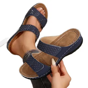 Navyblaue Keilsandalen mit Strass-Doppelriemen und Plateausohle für Damen Mode